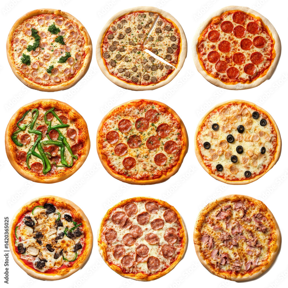 Poster a vibrant collection of various pizza types showcasing delicious toppings and styles arranged in a c
