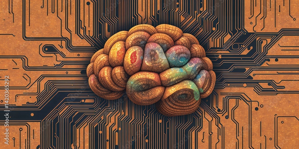 Poster a textured brain with colorful sections placed on an orange circuit board background design