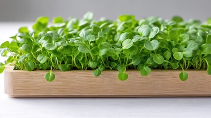 Fototapeta premium Freshly grown microgreens in a wooden tray