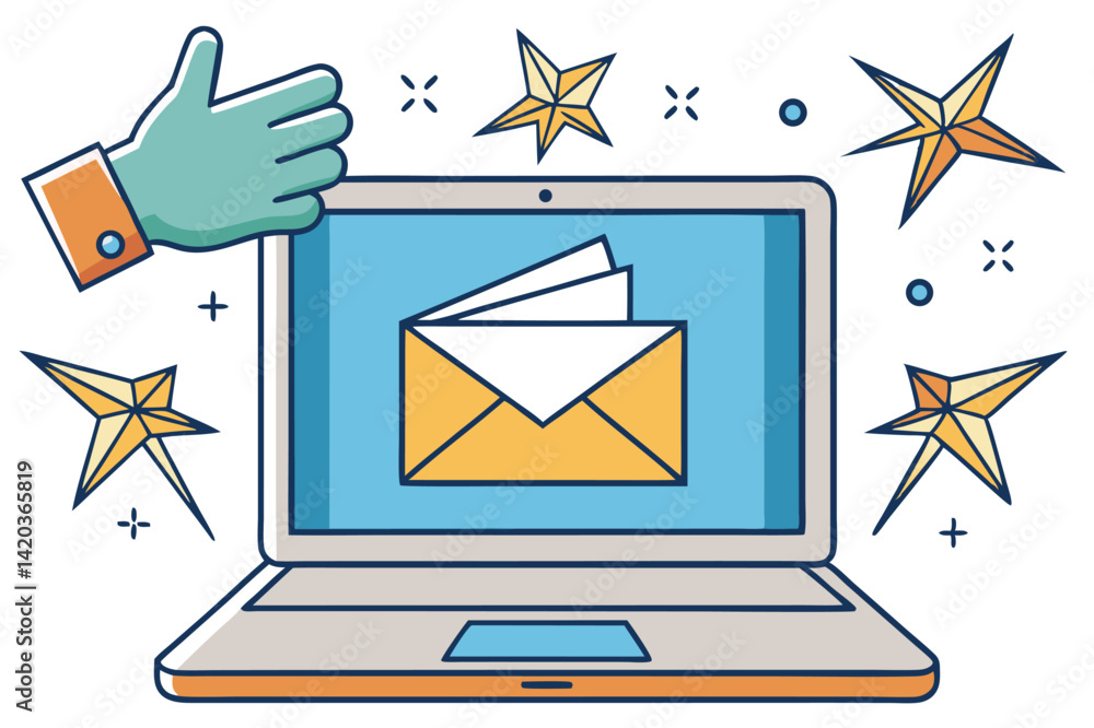 Aufkleber hand reaching for envelope displayed on laptop screen, emphasizing digital communication and connect