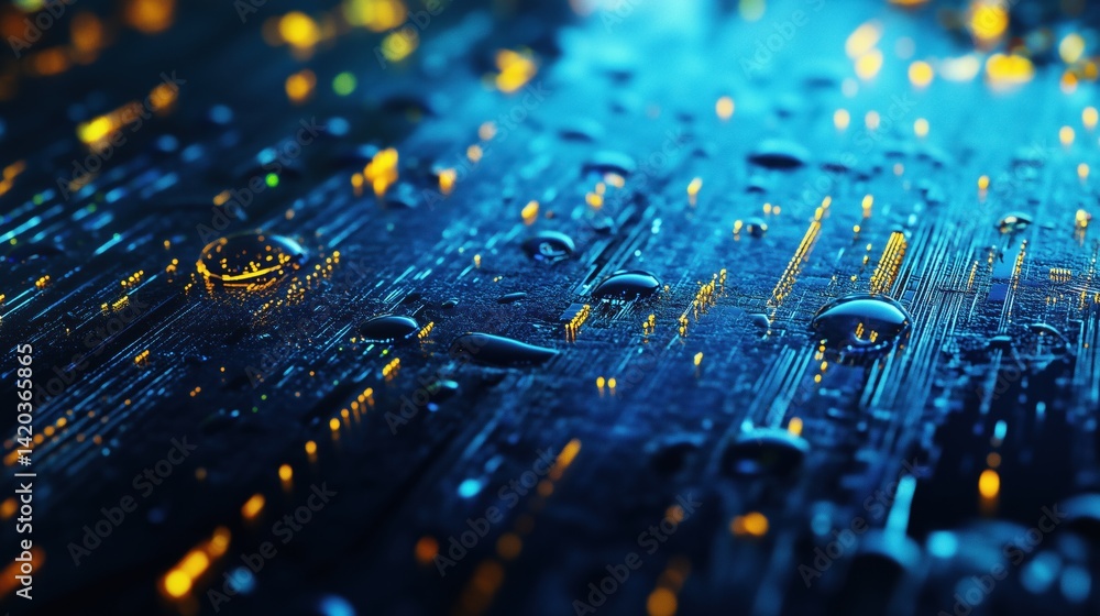 Poster close-up of a wet surface with droplets, illuminated by blue and yellow lights, creating a futuristi
