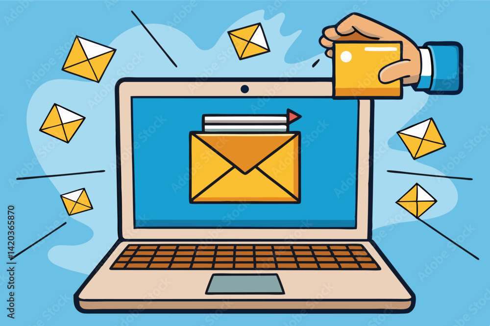 Aufkleber hand reaching for envelope displayed on laptop screen, emphasizing digital communication and connect