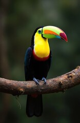 Fototapeta premium Keel-billed toucan bird perched on branch in forest. Tropical wildlife, nature photography, bright colors of beak. Exotic bird, vibrant plumage, biodiversity conservation, central america, costa rica.