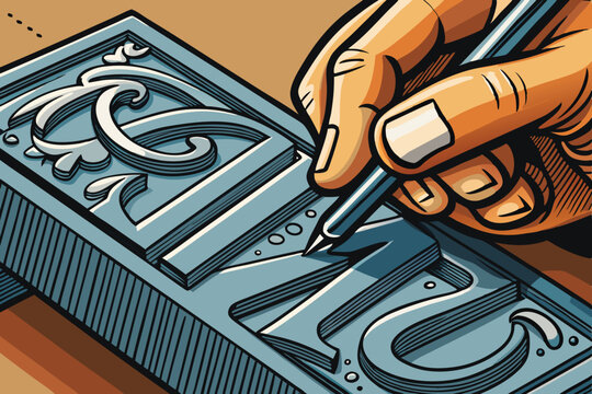 Creative hand lettering in a workshop featuring a skilled artisan crafting a stylish design on a copper plate during a bright afternoon