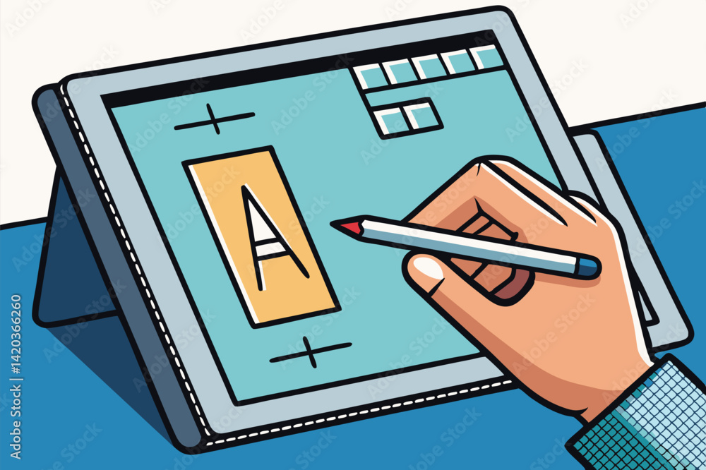 Aufkleber creating vector illustrations on a digital tablet featuring hand-drawn typography in a minimalist st