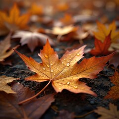 Close-up autumn leaf covered with water drops on ground. Orange, yellow, red foliage, forest park details, outdoor shot. Seasonal nature scene, fall season, wet texture on ground. Drops on maple leaf.