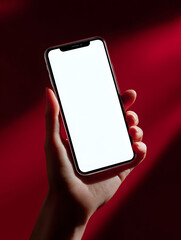 Elegant Hand Holding Smartphone with Blank Screen Against a Dramatic Red Background