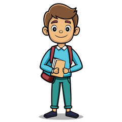 Happy Cartoon Boy Student Holding Books with Backpack