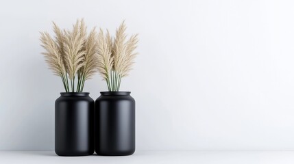 Two black vases with dried pampas grass arranged side by side on a white shelf, minimalist interior decor, and modern home styling concept.