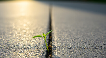 Urban Resilience: Green Sprout Growing Through Concrete Crack