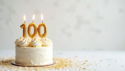 Birthday cake with gold candles, number 100. Celebration of a century anniversary. Sweet dessert with white frosting. Golden confetti decorates table. Festive occasion for family and friends.