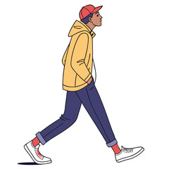 Young Man Walking in Casual Outfit Yellow Jacket and Sneakers
