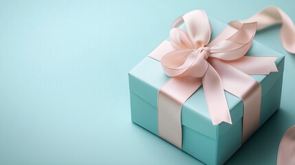 Obraz premium Easter-themed gift box with pastel ribbons on the right, soft shadows, clean layout, space for text on the left