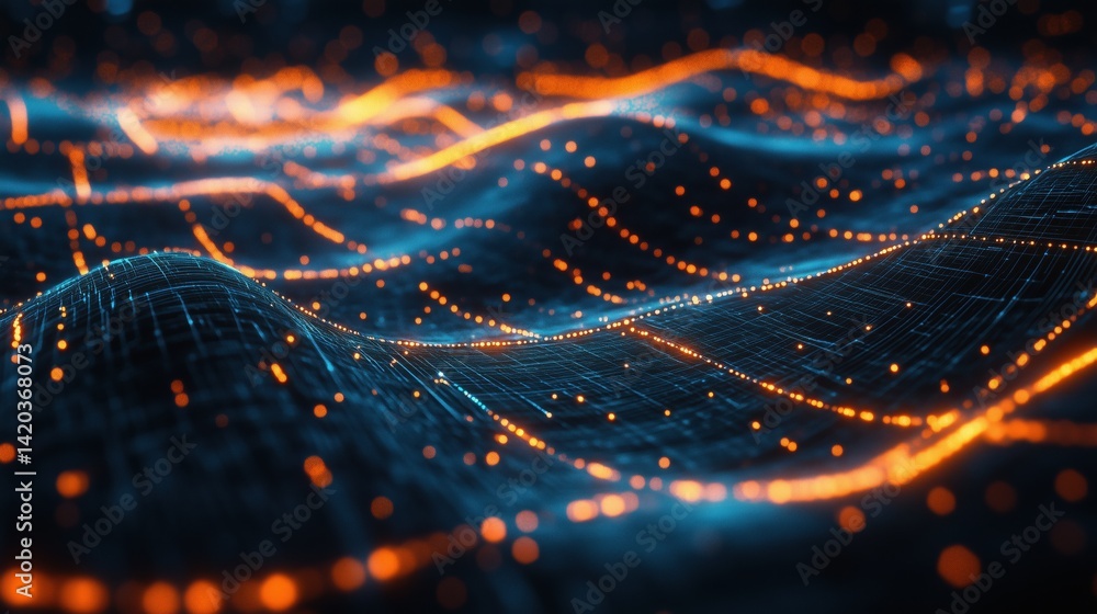 Poster a visually striking abstract representation of digital waves, featuring glowing orange and blue line