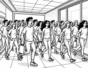 Black and White Illustration of a Crowd of Shoppers Walking in a Mall
