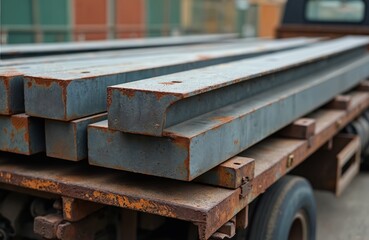 Flatbed truck transports steel beams. Heavy construction cargo of I-beams ready to deliver. Rusty metal details. Industrial background. Transportation and logistics concept.