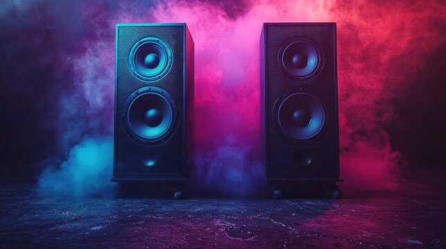Powerful speakers in a vibrant neon smoke-filled room