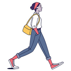 Young Woman Walking Side Profile Illustration Casual Outfit