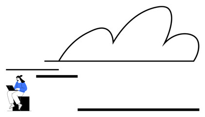 Woman seating on a block typing on laptop with large outlined cloud above and horizontal lines. Ideal for technology, cloud computing, remote work, innovation, productivity, connectivity, digital