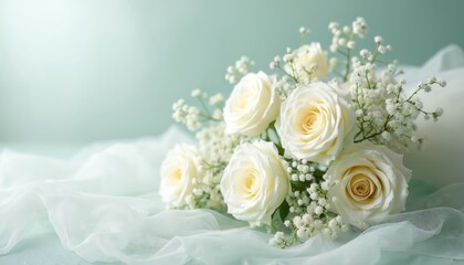 Obraz premium Delicate mini white roses, soft white tule in pastel mint tones create dreamy ethereal atmosphere. Perfect for maternity backdrop, wedding decor. Feminine romantic design for spring season, gentle