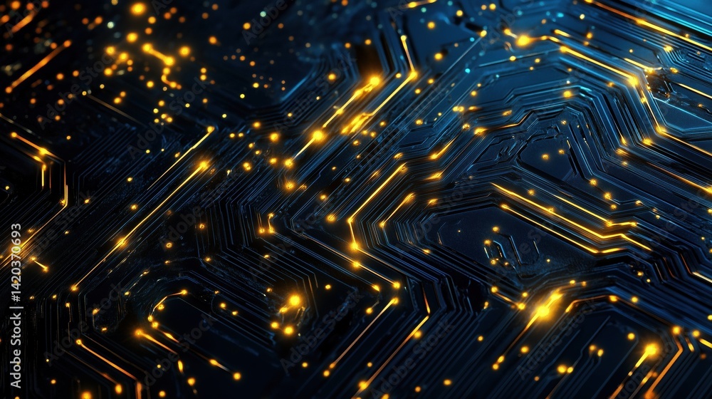 Poster a close-up view of a circuit board with glowing golden lights, showcasing intricate patterns and con