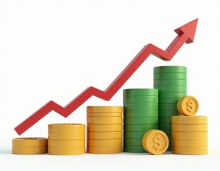 Upward Trend 3D Render of Growing Stacks of Coins with Red Arrow