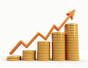 3D Render of Upward Trending Graph with Stack of Coins Showing Growth and Success