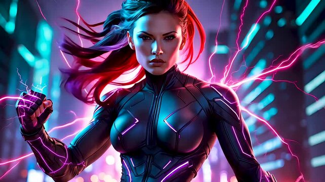 Futuristic female superhero with glowing suit and neon power energy effects
