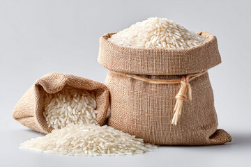 Heap of Rice in Rustic Sacks: A close-up studio shot showcases the textures of raw white rice spilling from traditional burlap sacks. The scene exudes a sense of wholesomeness and nourishment.