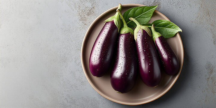 Eggplant Harvest: Fresh, vibrant eggplants glistening with moisture, arranged artfully on a rustic plate, adorned with vibrant green leaves.