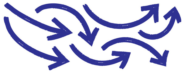 grunge arrow . Set of blue hand drawn grunge doodle spiral and curved charcoal, chalk arrows on white background. Collection various bold brush drawn arrows and squiggle lines. Blue Hand drawn vector 