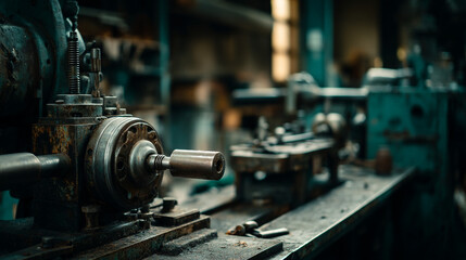 A close up shot of a vintage metal lathe machine in a workshop with blurred background details visible