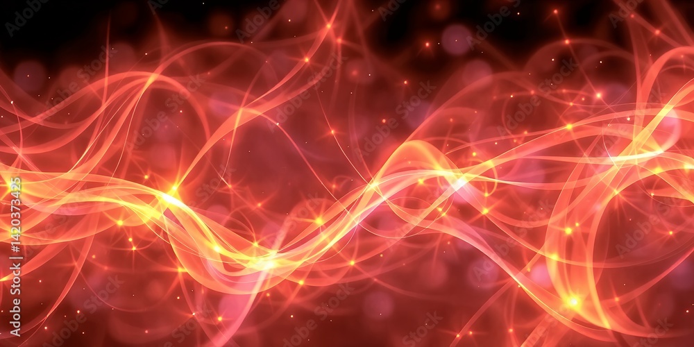 Poster abstract red and orange wavy lines with glowing particles on a dark background create a fiery effect