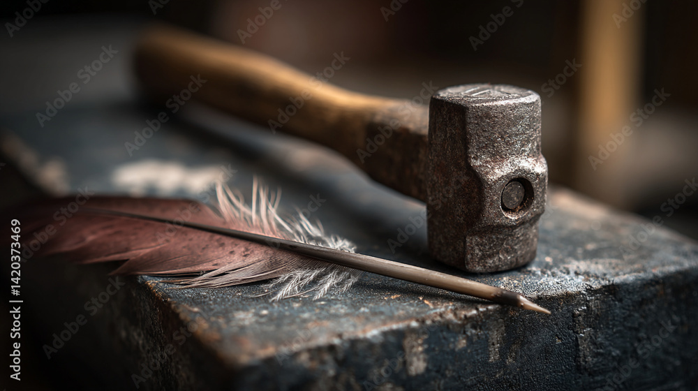 Aufkleber a close up of a hammer and a feather lying on a dark surface in a dimly lit environment