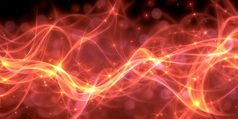 Abstract red and orange wavy lines with glowing particles on a dark background create a fiery effect
