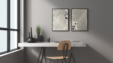 Minimalist study with floating table and monochrome art (mockup) 