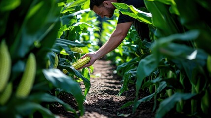 Farmer inspecting corn crop