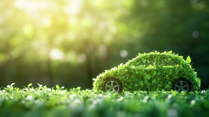 Image omade with generative AI of eco friendly car formed by green leaves on a green background.