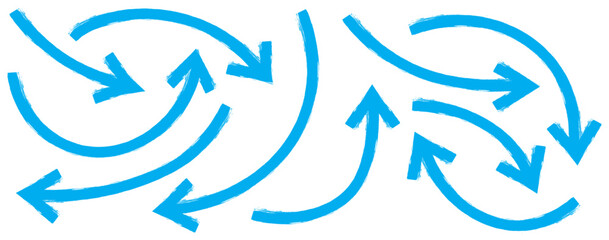 Blue Hand drawn vector arrow set. Brush, marker  bold arrows set. Collection of hand drawn doodle thick arrows. Set of Hand drawn vector arrows doodle. Set of blue hand drawn grunge doodle arrow.