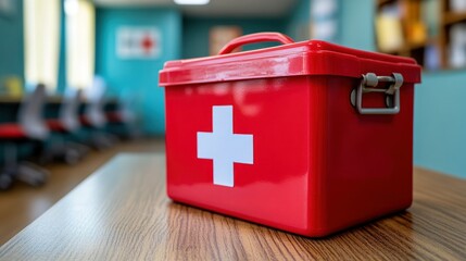 Red First-Aid Kit on Wooden Table