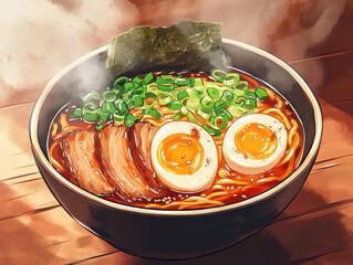 A steaming bowl of ramen with rich broth