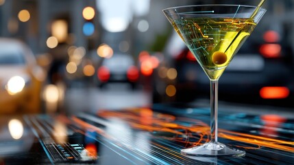 Futuristic Digital Cocktail in Clear Martini Glass with Circuitry Pattern and Yellow Olive on Bar Counter at Night