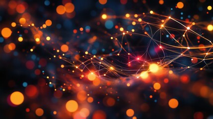 Obraz premium An abstract background featuring a blend of glowing orbs and interconnected lines, creating a vibrant and dynamic visual effect. The colors range from warm oranges and yellows to cool blues.