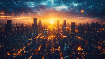 Fototapeta premium A stunning city skyline at sunset, with vibrant orange and blue hues illuminating the buildings. Light trails and digital effects create a futuristic atmosphere, enhancing the urban landscape.