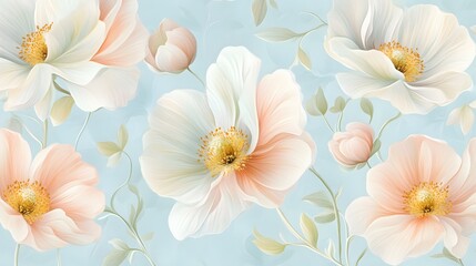 Fototapeta premium Elegant Pastel Peach and White Flowers Seamless Pattern