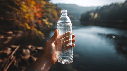 Hand Holding Clear Water Bottle by Natural Lake