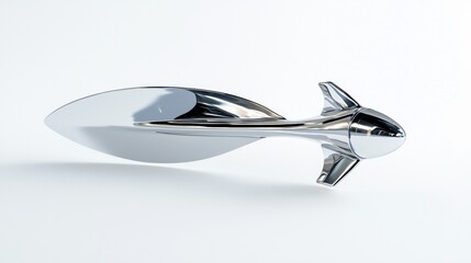 Sleek silver sculpture resembling a rocket-shaped object resting on a clean surface