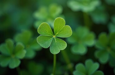 Four leaf clover stands out from green clovers. Rare lucky find for St Patricks Day. Symbolizes good luck fortune, prosperity. Ideal for wishes or St Patrick Day charm.