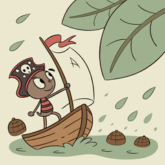 Naklejka premium Pirate Ant Sailing a Walnut Shell Ship