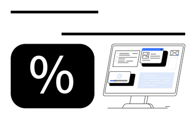 Bold percentage symbol alongside desktop with widgets, charts, and content blocks. Ideal for analytics, reporting, statistics, optimization, marketing finance research. Flat simple metaphor
